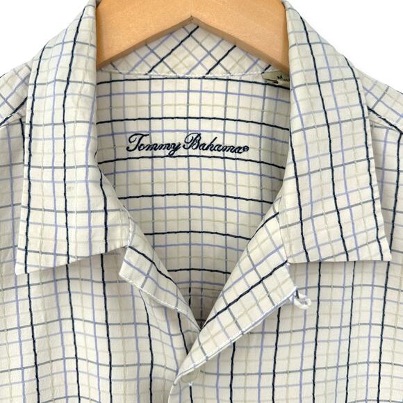Tommy Bahama | Medium | Silk/Linen Blend Cream/Blue Check Short Sleeve Shirt - Picture 2 of 5